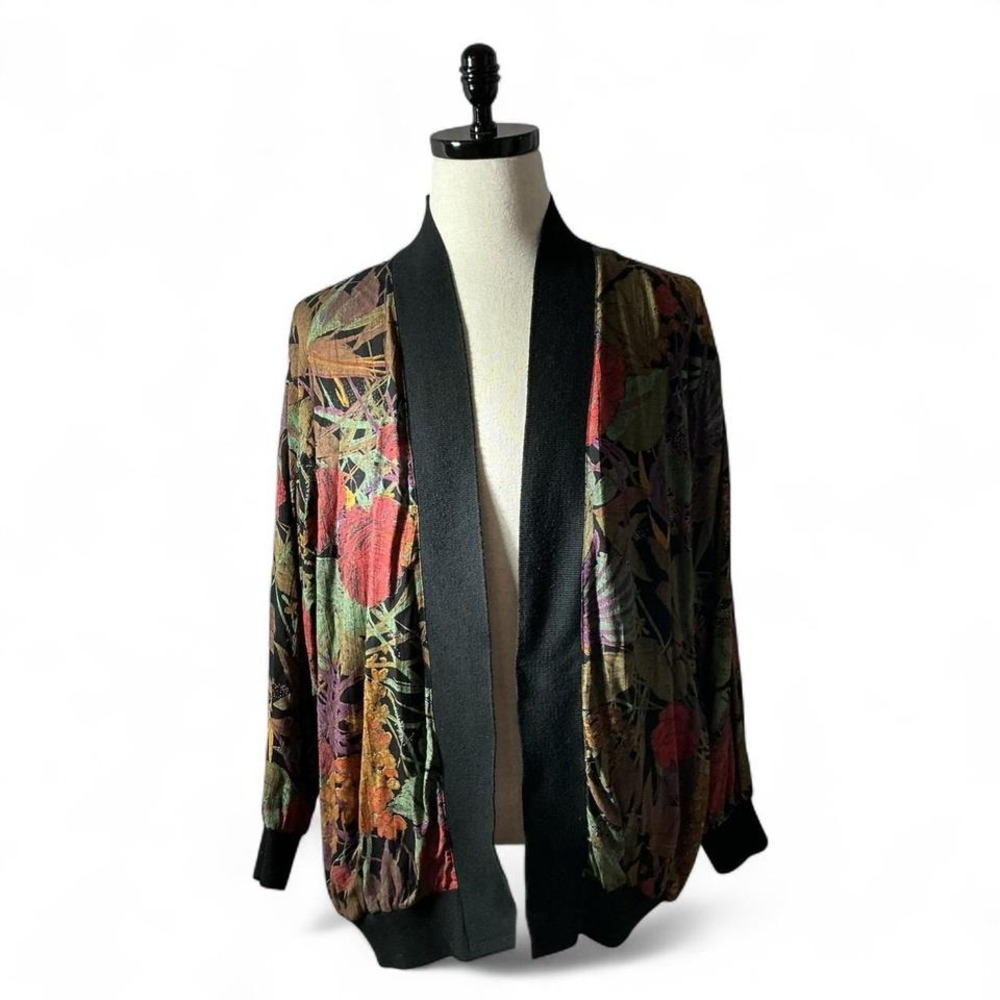 Karen Kane Floral Print Open Front Cardigan‎ Jacket Black Trim